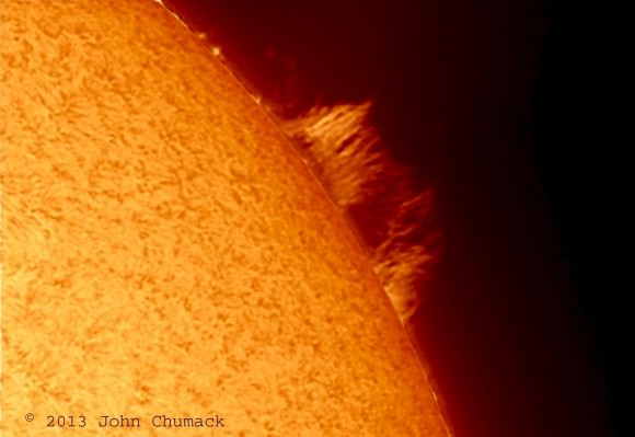 The Sun in H-Alpha with close-up on a rushing prominence on 02-07-2013. Credit and copyright: John Chumack.