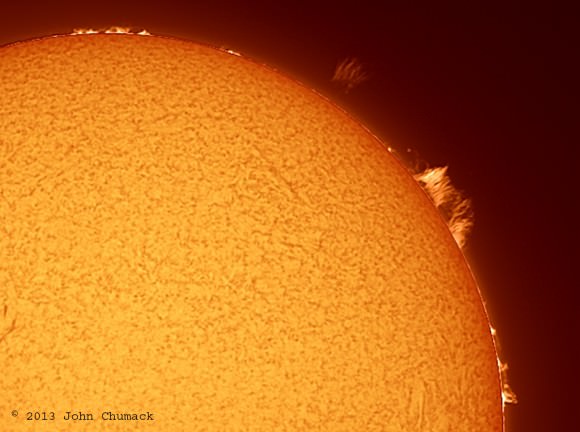 Prominences from the Sun on 02-07-2013, with one detached prominence achieving liftoff! Credit and copyright: John Chumack.