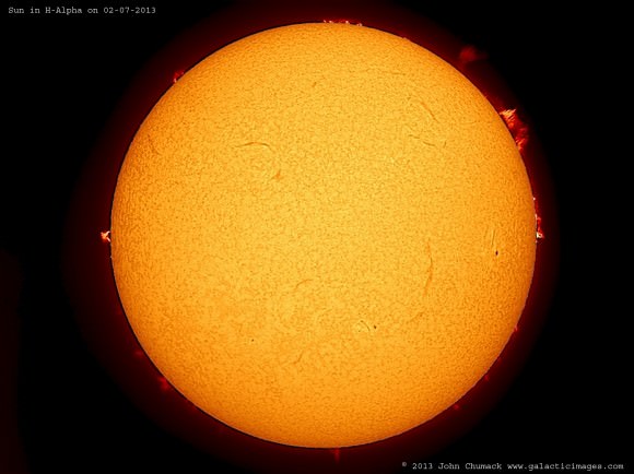 Full disk of the Sun in Hydrogen Alpha Light on 02-07-2013. Credit and copyright: John Chumack.