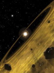 The nearby orange dwarf star Epsilon Eridani reveals its circumstellar debris disks in this close-up perspective. (Pages 14-15)