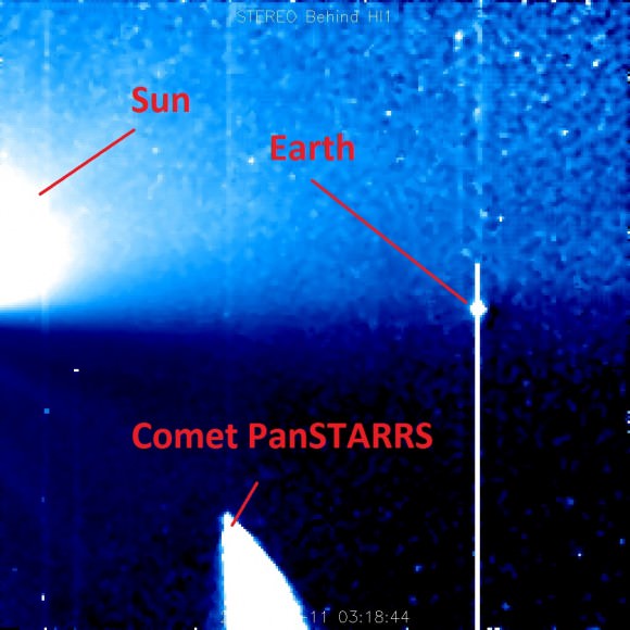 The view of Comet PanSTARRS from NASA's STEREO Behind observatory. (Credit: NASA/SECCHI).