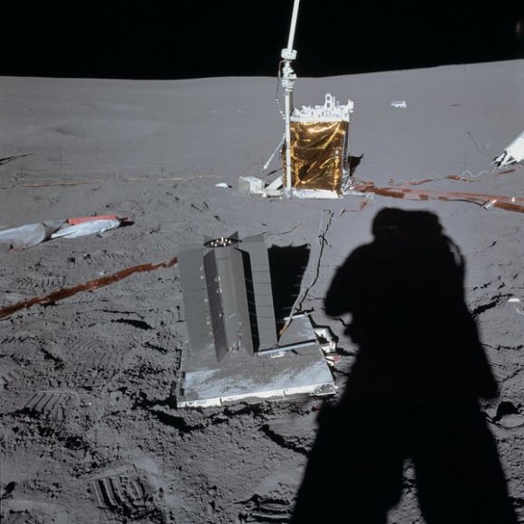 An RTG (in the foreground on the pallet) left on the Moon by astronauts during Apollo 14.  (Credit: NASA/Alan Shepard).