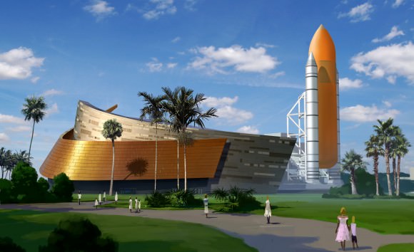 A full-scale space shuttle external fuel tank and twin solid rocket boosters will serve as a gateway at the entry to Space Shuttle Atlantis. The metallic “swish” on the outside of the new exhibit building is representative of the shuttle’s re-entry to Earth. Image credit: PGAV Destinations