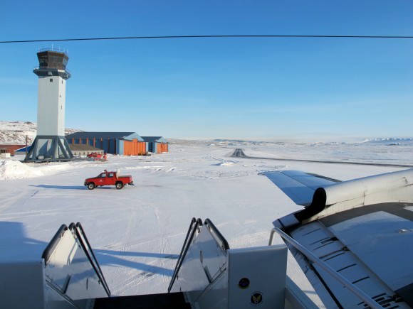 A sunny view of the ramp at Thule Air Base, Greenland, shortly after the NASA P-3B research aircraft arrived on Mar. 18, 2013. Credit: NASA / Jim Yungel 