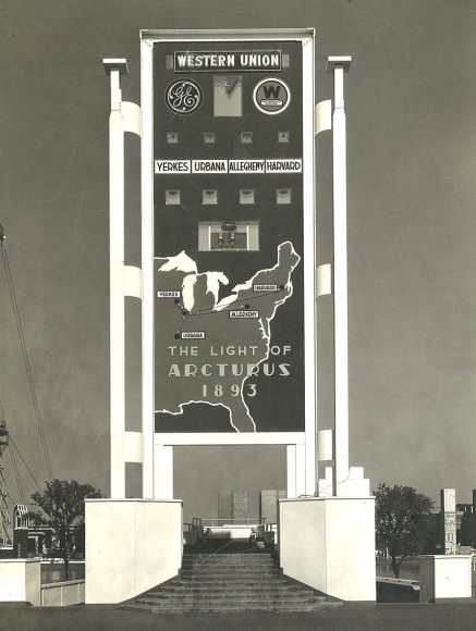 When light beams from the star Arcturus were picked up by photoelectric tubes at four observatories, signals flashed on this display board on the rostrum of the Hall of Science to the show the audience how the official lighting. Click to enlarge. Credit: Century of Progress Records, 1927-1952, University of Illinois at Chicago Library (COP_17_0002_00023_016)