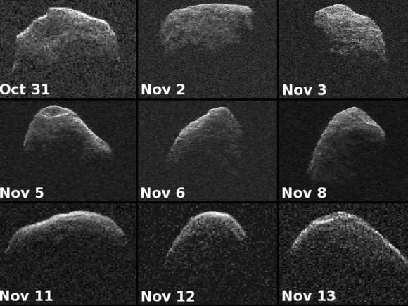 Nine radar images of near-Earth asteroid 2007 PA8 obtained between by NASA's 230-foot-wide (70-meter) Deep Space Network antenna. The part of the asteroid closest to the antenna is at top. Credit: NASA/JPL-Caltech