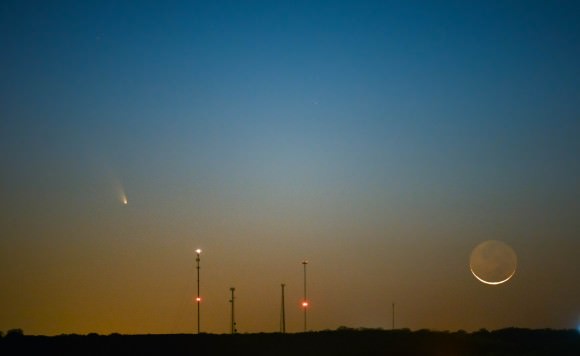 Comet PANSTARRS and the Waxing Crescent Moon as seen over Castroville, Texas. Credit and copyright: Adrian New. 