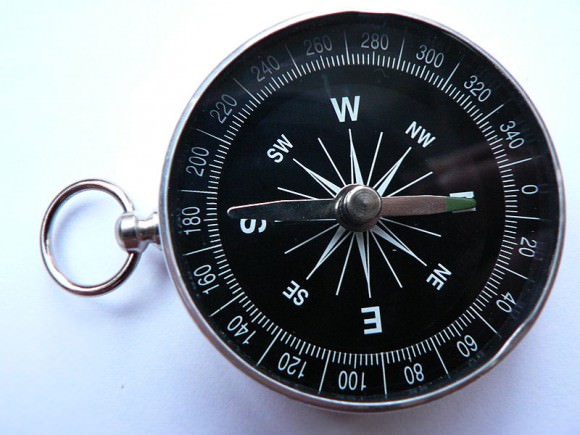 A compass has two sets of markings. One shows the basic directions N, S, etc. Those directions are subdivided into degrees of azimuth seen in the outer ring. Credit: Wikipedia