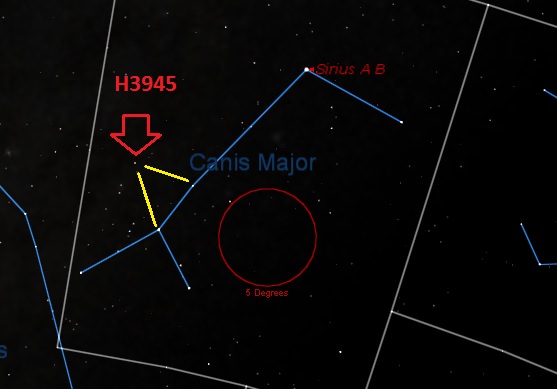 The location of Herschel 3945 in Canis Major. (Created by Author in Starry Night).