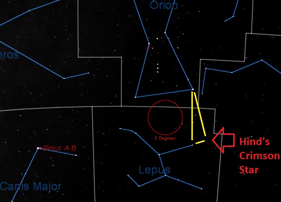 A finder chart for Hinds Crimson Star (R Leporis). Created by the Author using Starry Night Software.