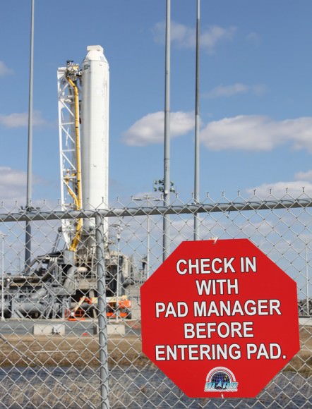 No admittance to the Orbital Sciences Corp. Antares rocket without permission from the pad manager! Credit: Ken Kremer (kenkremer.com)