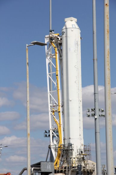 Antares rocket 1st stage and umbilicals at NASA Wallops Flight Facility.  Credit: Ken Kremer (kenkremer.com)