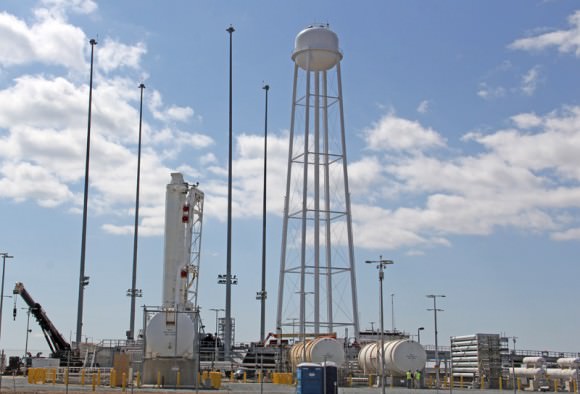 The first stage of the privately developed Antares rocket stands on the pad at NASA's Wallops Flight Facility. Credit: Ken Kremer (kenkremer.com)