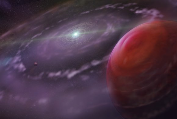 Artist’s rendering of HR 8799c at an early stage in the evolution of the planetary system, showing the planet, a disk of gas and dust, rocky inner planets, and HR 8799. Credit: Dunlap Institute for Astronomy & Astrophysics
