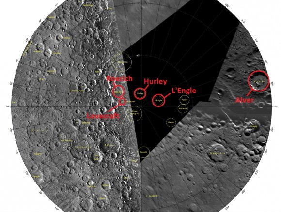 Five of the newly named craters in the south pole region of Mercury (circled in red). Note that the final portion of the USGS map, although recently released, has yet to be filled in! (Credit: USGS).