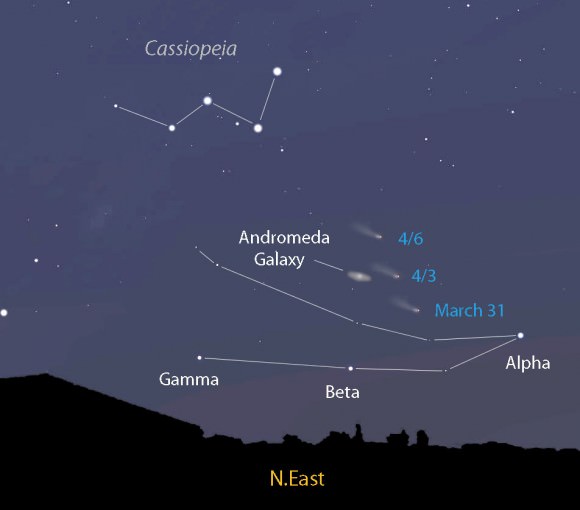 Comet PANSTARRS in the early dawn sky during the first part of April. The map shows the sky facing northeast about 75 minutes before sunrise. Stellarium