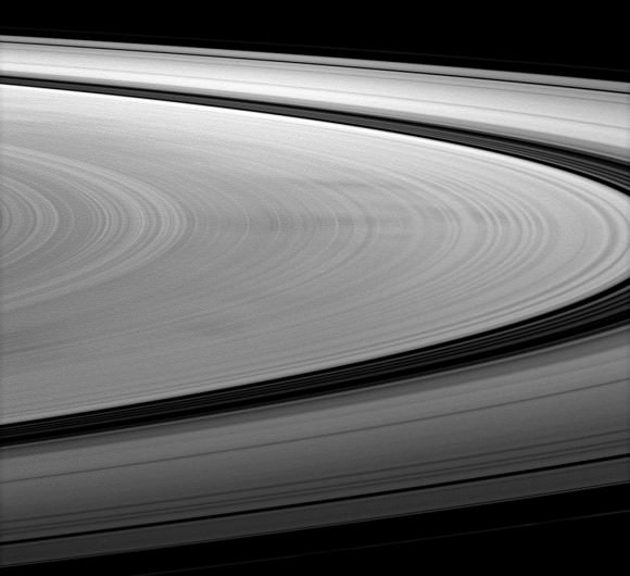 Under the right lighting conditions spokes can appear dark, as seen in this image from Jan. 2010 (NASA/JPL/SSI)