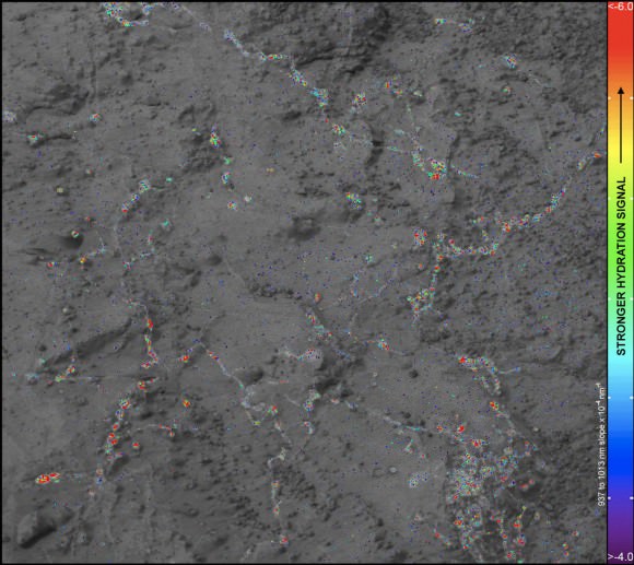 Hydration Map, Based on Mastcam Spectra for ‘Knorr’ rock target shows coded map of the amount of mineral hydration indicated by a ratio of near-infrared reflectance intensities measured by Curiosity. The color scale on the right shows the assignment of colors for relative strength of the calculated signal for hydration. The map shows that the stronger signals for hydration are associated with pale veins and light-toned nodules in the rock. The Mastcam observations were conducted during Sol 133 (Dec. 20, 2012). The width of the area shown in the image is about 10 inches (25 centimeters). Credit: NASA/JPL-Caltech/MSSS/ASU