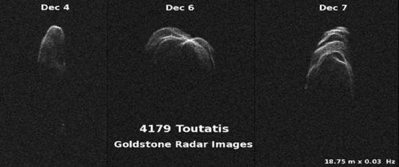 Three views of asteroid 4179 Toutatis made in early Dec. 2012 by Goldstone. In all three, distance from the antenna increases from top to bottom and Doppler frequency increases toward the right, indicating Toutatis rotates from right to left, since that's the side of the asteroid approaching the observer. Credit: NASA/JPL-Caltech
