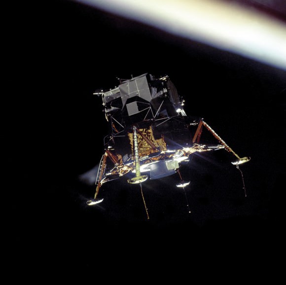 Apollo 11's Eagle spacecraft, as seen from fellow spaceship Columbia. Credit: NASA