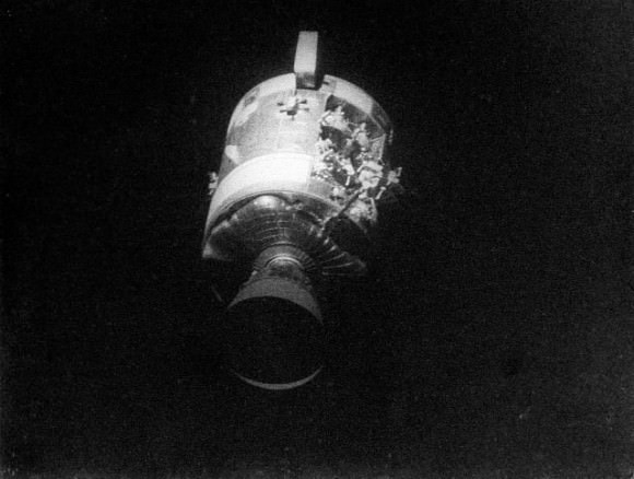 Evidence of the Apollo 13 explosion on the spacecraft Odyssey. Credit: NASA