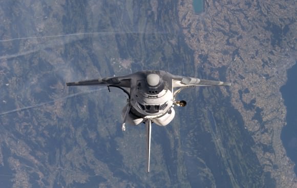 Discovery during STS-114, as seen from the International Space Station. CREDIT: NASA