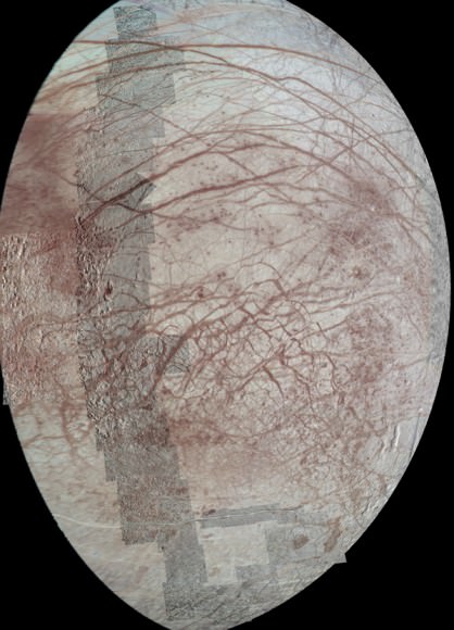 This view of Jupiter's moon Europa features several regional-resolution mosaics overlaid on a lower resolution global view for context. The regional views were obtained during several different flybys of the moon by NASA's Galileo mission.  Image credit: NASA/JPL-Caltech/University of Arizona.