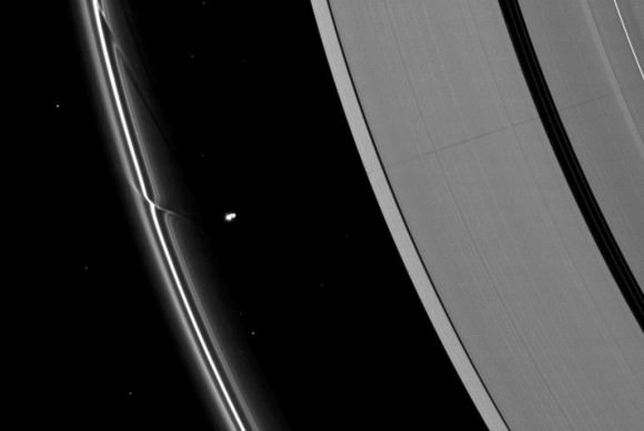The effects of the small moon Prometheus loom large on two of Saturn's rings in this image taken a short time before Saturn's August 2009 equinox. Credit: NASA