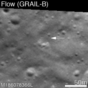 GRAIL B site seen before and after impact event. Crater center is located at 75.651°N, 333.168°E. Credit: NASA/GSFC/Arizona State University.