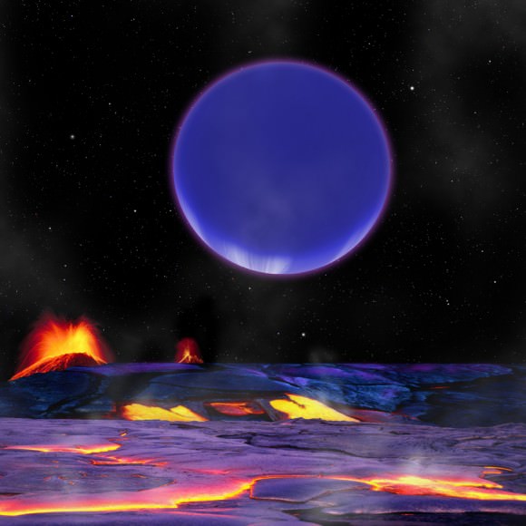 In this artist’s conception, a “hot Neptune” known as Kepler-36c looms in the sky of its neighbor, the rocky world Kepler-36b. The two planets have repeated close encounters, experiencing a conjunction every 97 days on average. At that time, they are separated by less than 5 Earth-Moon distances. Such close approaches stir up tremendous gravitational tides that squeeze and stretch both planets, which may promote active volcanism on Kepler-36b. Credit: David A. Aguilar (CfA)