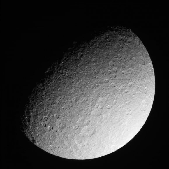 This raw, unprocessed image of Rhea was taken on March 10, 2013 and received on Earth March 10, 2013. The camera was pointing toward Rhea at approximately 280,317 kilometers away, and the image was taken using the CL1 and CL2 filters. Credit: NASA/JPL-Caltech/SSI