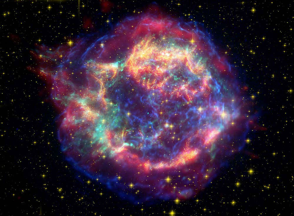 Composite Spitzer, Hubble, and Chandra image of supernova remnant Cassiopeia A. A new study shows that a supernova as far away as 50 light years could have devastating effects on life on Earth. (NASA/JPL-Caltech/STScI/CXC/SAO)