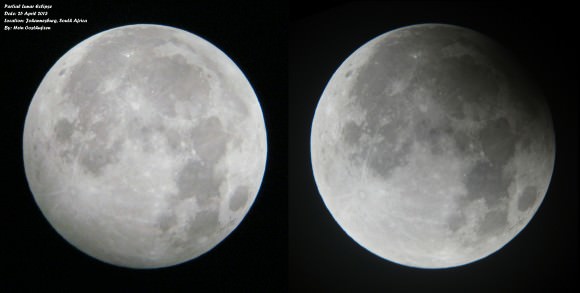 A 'before' and 'during' comparison picture of the partial lunar eclipse on the 25th of April 2013. The photo on the left ('before') was taken at about 20h00 CAT and the photo on the right ('during') was taken around 22h06 CAT. Credit and copyright: Hein Oosthuyzen, Johannesburg, South Africa. 