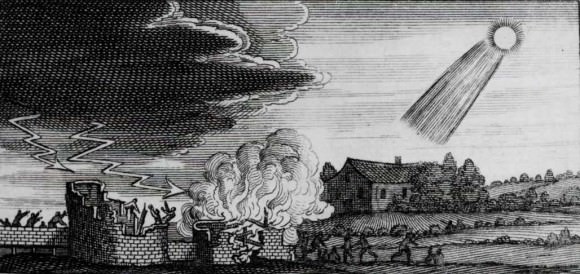 Medieval woodcut depicting the supposed destructive influence of a 4th century comet. (Credit: Stanilaus Lubienietski's Theatrum Cometicum, Amsterdam 1668).
