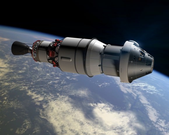 An artist concept shows Orion as it will appear in space for the Exploration Flight Test-1 attached to a Delta IV second stage.   Credit: NASA