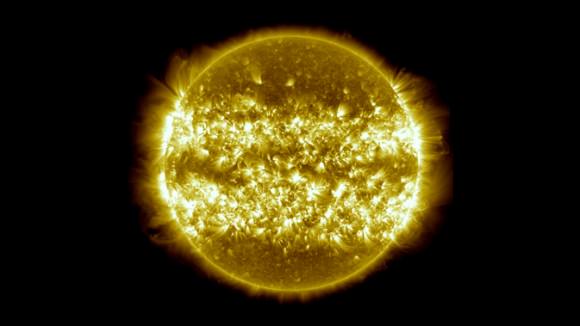 This image is a composite of 25 separate images spanning the period of April 16, 2012, to April 15, 2013. It uses the SDO AIA wavelength of 171 angstroms and reveals the zones on the sun where active regions are most common during this part of the solar cycle. Credit: NASA/SDO/AIA/S. Wiessinger