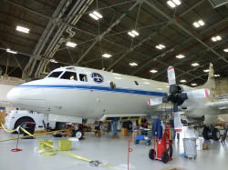 The IceBridge P-3B airborne laboratory in a hangar at Wallops Flight Facility (NASA/George Hale)
