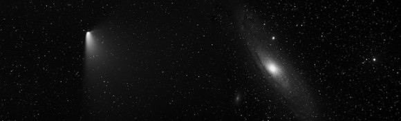 Comet C/2011 L4 Panstarrs and the Andromeda Galaxy: Two Frame Mosaic from New Mexico Skies, April 4, 2013. Taken from New Mexico Skies at 23:22  UT using an FSQ 10.6-cm and STL11K camera.  Credit and copyright: Joseph Brimacombe. 