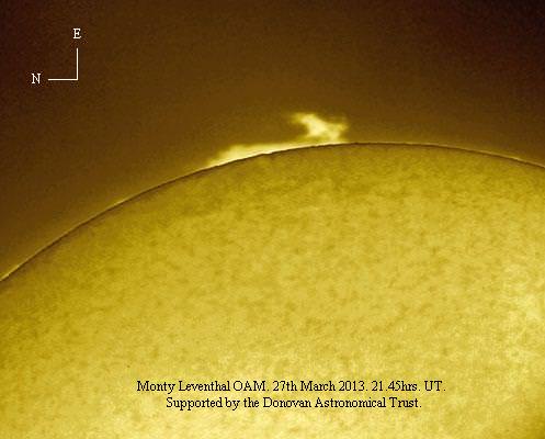 This digital filtergram shows an active prominence on the SE limb of the Sun, stretching across for approximately 233,000 km on March 27, 2013. Credit and copyright: Monty Leventhal.
