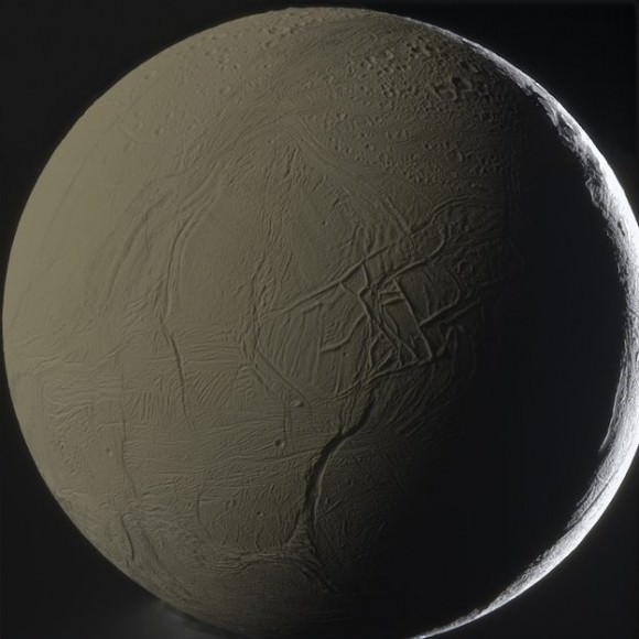 A patchwork network of frozen ridges and troughs cover the face of Enceladus. Credit: NASA/ESA, image processed by amateur astronomer Gordan Ugarkovi?. 