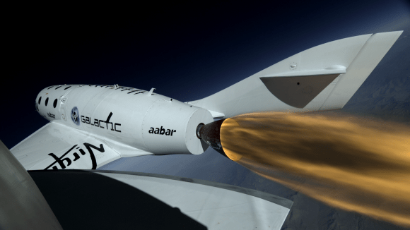 Boom camera shot of SpaceShipTwo breaking the sound barrier.  Credit: Virgin Galactic