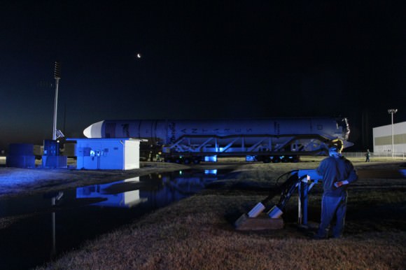 Antares transported atop aboard the Transporter/Erector/Launcher (TEL) beneath the Moon on 6 April 2013.  Credit: Ken Kremer (kenkremer.com
