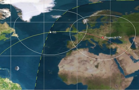 A pass of the ISS over UK tonite (April 16th) with Progress leading at 20:30UT. (Created by the author in Orbitron).