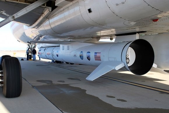 An Orbital Sciences Pegasus XL rocket attached to the fuselage of an L1011 for the launch of IBEX. (Credit: NASA).
