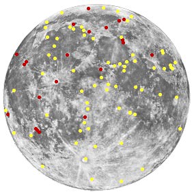 Collection of TLP reports analyzed by Barbara Middlehurst & Sir Patrick Moore. The red dots indicate reddish events, the yellow one other colored events. (Wikimedia Commons image in the Public Domain).