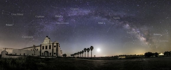 An annotated version of a 21-image mosaic showing the Milky Way and the setting Moon at dawn, at the Convent of Orada in Monsaraz, Portugal, in the Alqueva´s Dark Sky Reserve. Credit and copyright: Miguel Claro.
