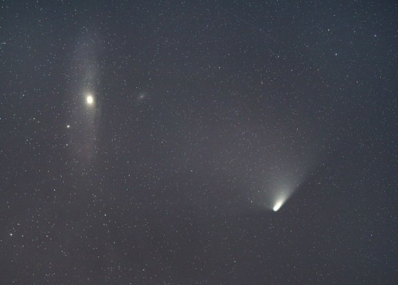 Comet PANSTARRS a week ago when it passed near the Andromeda Galaxy (at left). Details: 300mm f/2.8, ISO 800 and 90-second exposure. Credit: Bob King