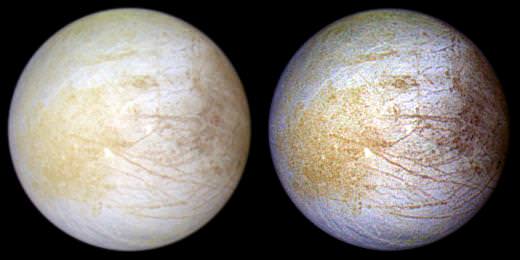 This color composite view combines violet, green, and infrared images of Europa acquired by Galileo in 1997 for a view of the moon in natural color (left) and in enhanced color (right). Credit: NASA/JPL/University of Arizona