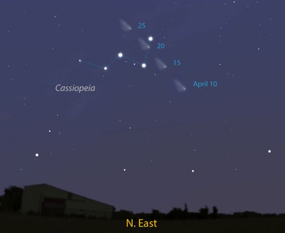 While the northern U.S., Canada and Europe have good views of PANSTARRS at both dusk and dawn, sky watchers in the southern U.S. have their best views at dawn. This map shows the sky facing northeast about 90 minutes before sunrise. Stellarium