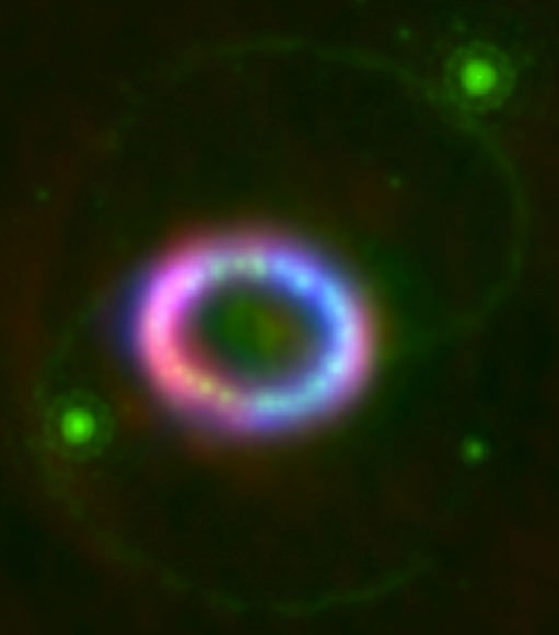 An RGB overlay of the supernova remnant. Credit: ICRAR A Red/Green/Blue overlay of optical, X-Ray and radio observations made by 3 different telescopes. In red are the 7-mm (44GHz) observations made with the Australian Compact Array in New South Wales, in green are the optical observations made by the Hubble Space Telescope, and in blue is an X-ray view of the remnant, observed by Nasa's space based Chandra X-ray Observatory.